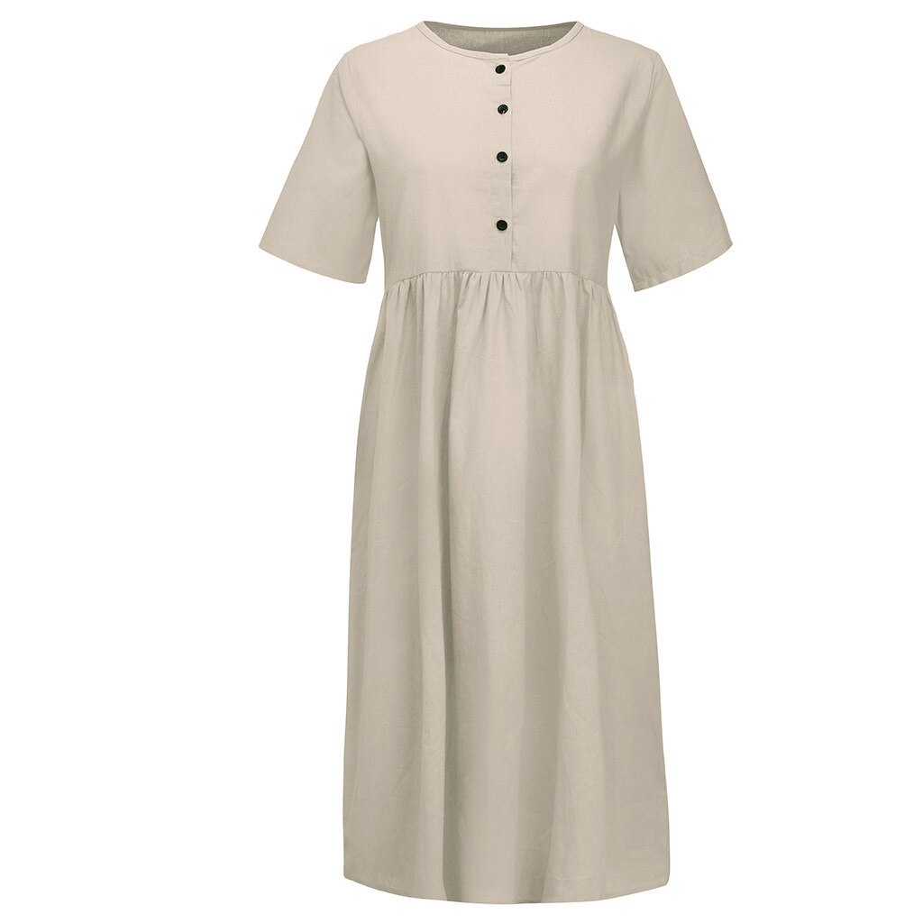 Women's Solid Straight Mid-calf Dress Casual Minimalist Button Short Sleeve Cotton And Linen Dress Vestidos Verano 2020 #T2G