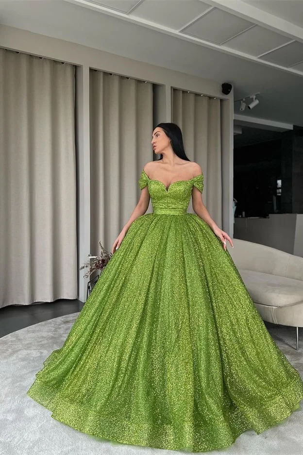 Green Off-The-Shoulder Ball Gown Evening Dress With Sequins PD0776