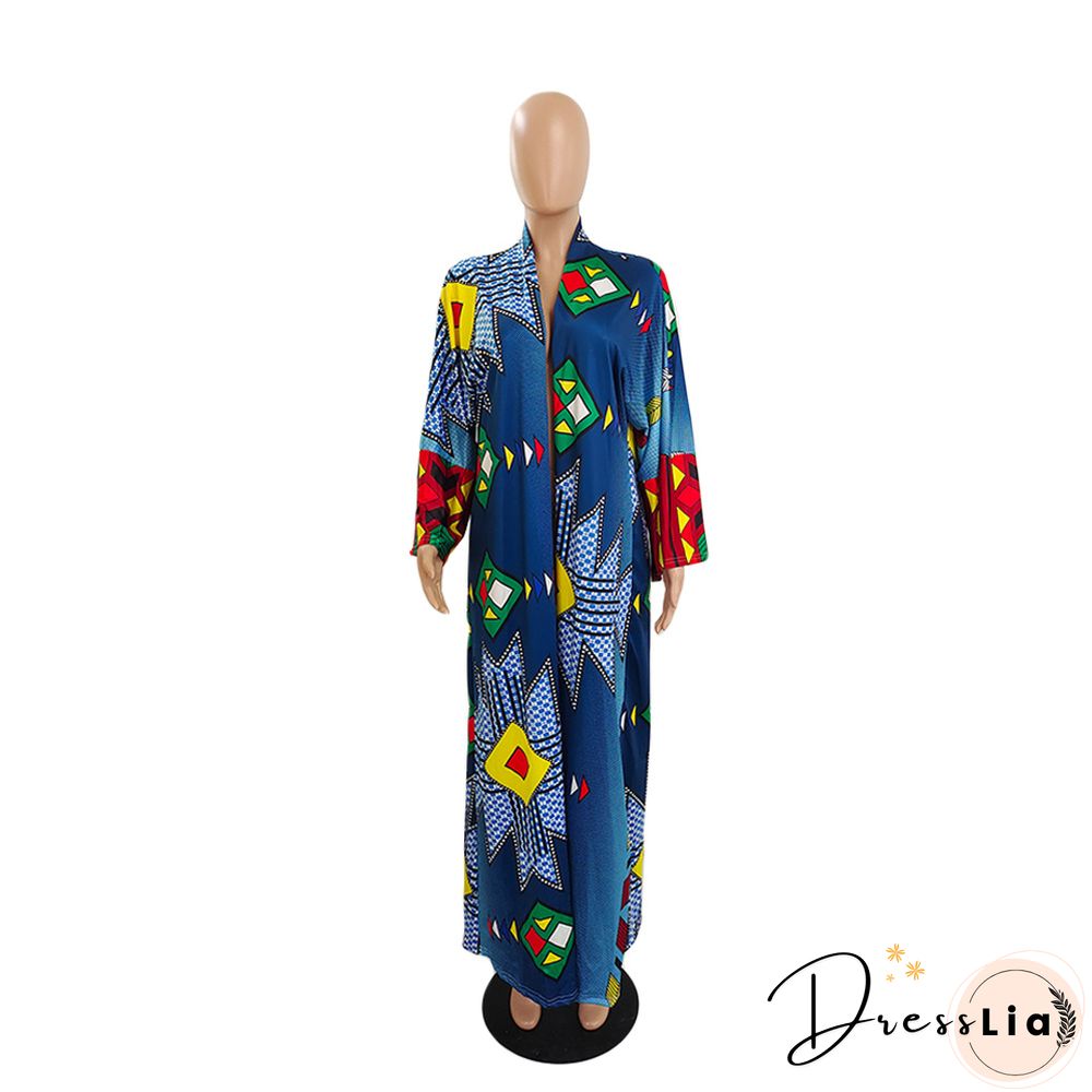 Printed Long Sleeve Open Front Long Cardigan Tops