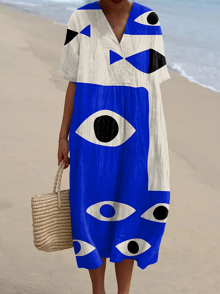 Vintage Abstract Eyes Art Print V-Neck Dress