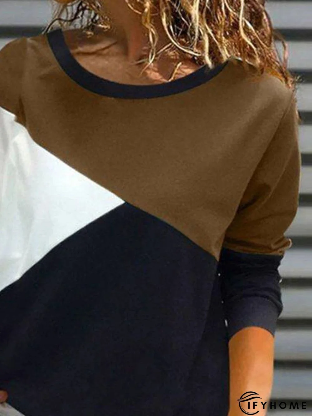 Multicolor Paneled Round Neck Casual Long Sleeve Top | IFYHOME