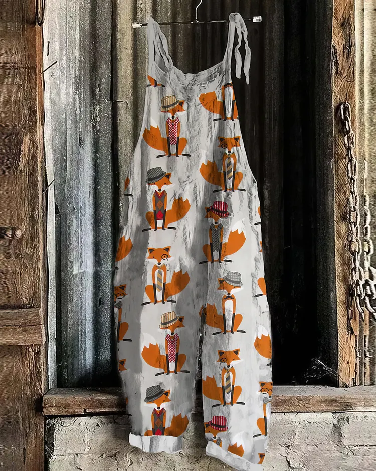 Vintage Fox Pattern Linen Blend Jumpsuit