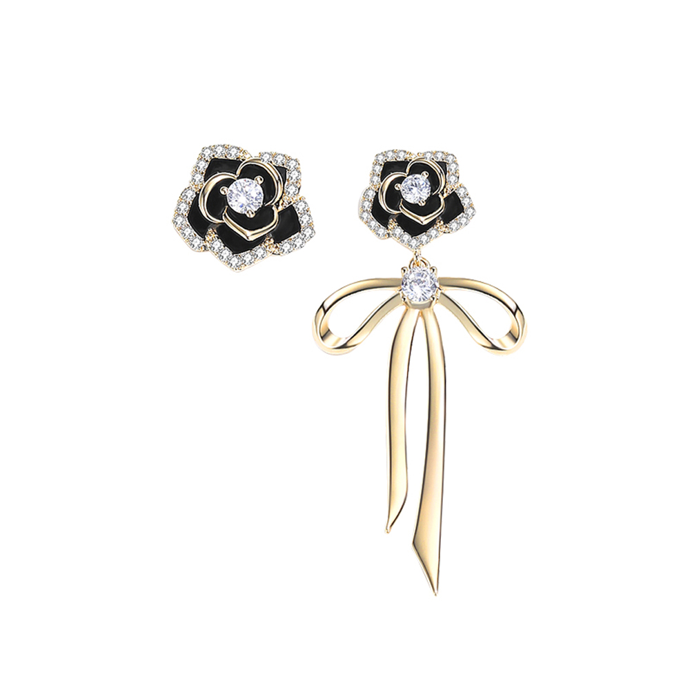 MIKAMU Flower Stud Earrings 14K Gold Plated Cubic Zirconia Sparkle Black Rose flower Bow Dangle Earrings for Women Drop Earrings