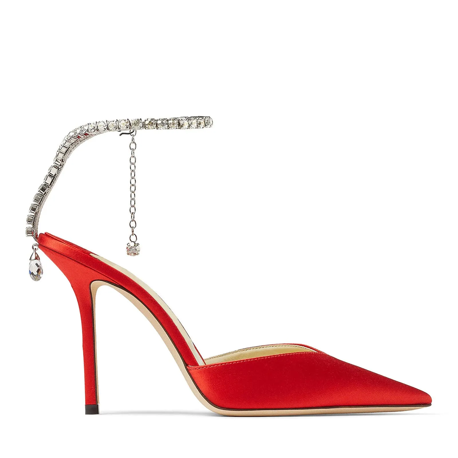 100mm Women's Sandals Crystal Chain Ankle Straps Rhinestones Buckle Heels Stiletto Satin Dress Shoes-vocosishoes