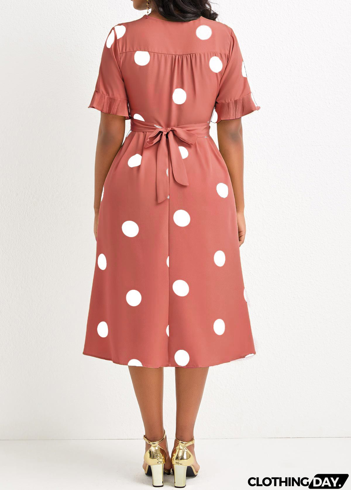 Avocado Green Belted Criss Cross Polka Dot Dress