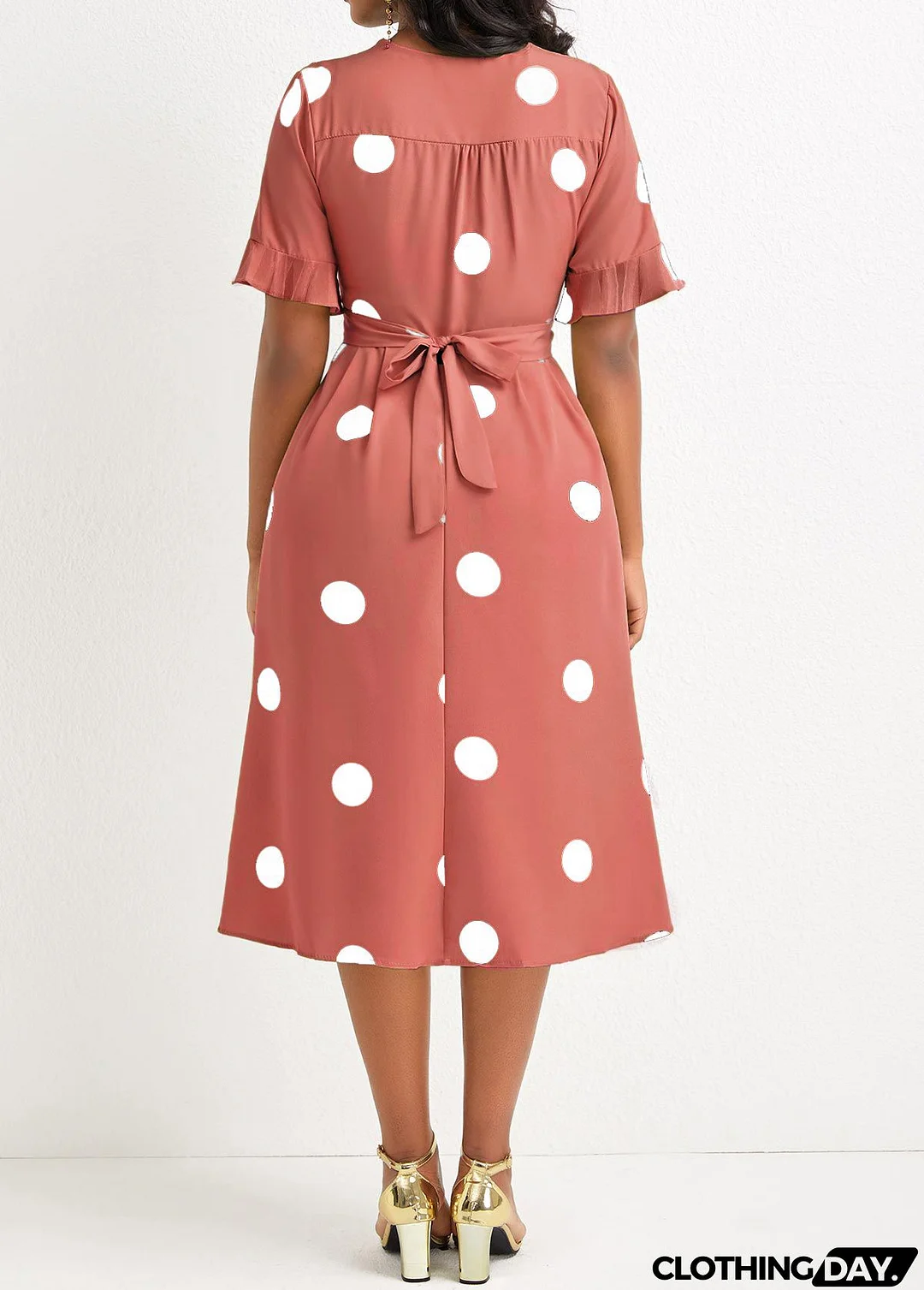 Avocado Green Belted Criss Cross Polka Dot Dress