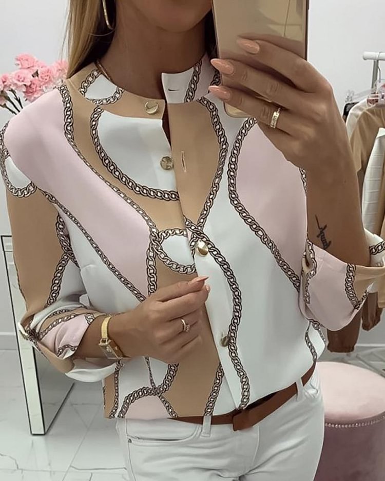 Chains Print Button Design Casual Blouse