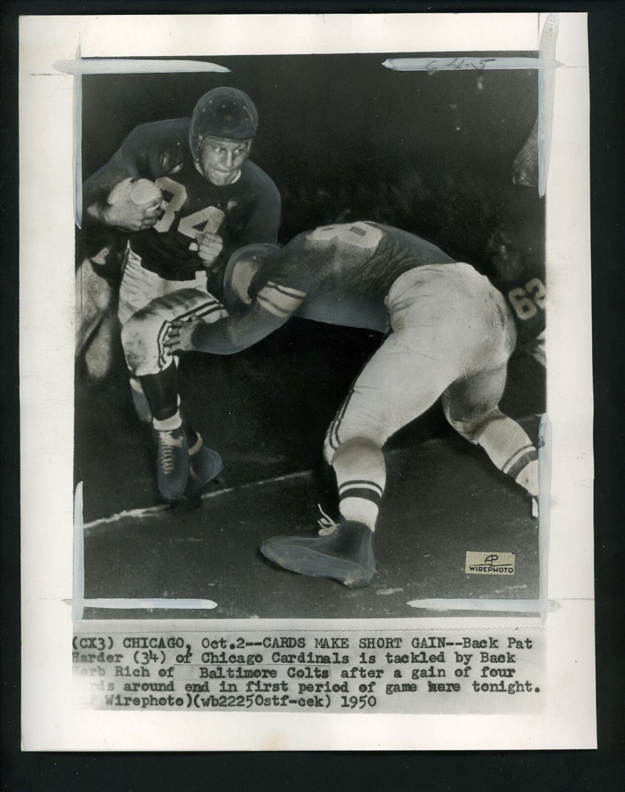 Herb Rich tackles Pat Harder 1950 Press Photo Poster painting Baltimore Colts Chicago Cardinals