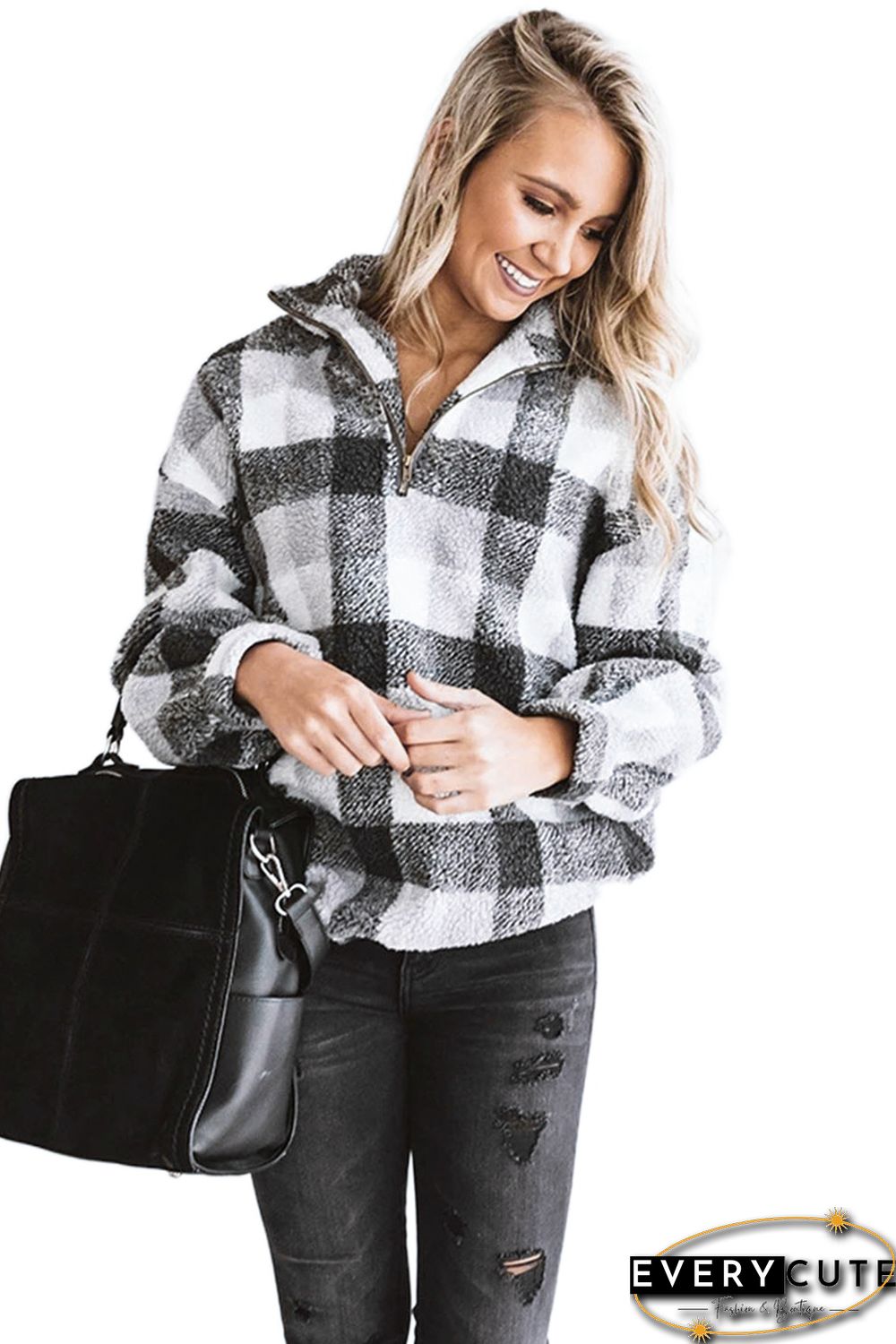 White Plaid Zipper Stand Collar Sherpa Pullover Sweatshirt