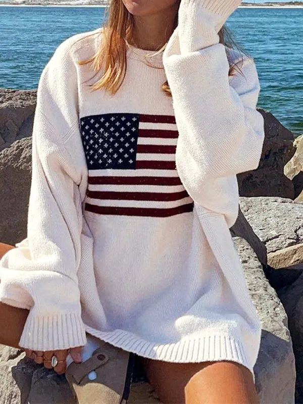 Brownm USA Flags Jacquard Pullover Sweater