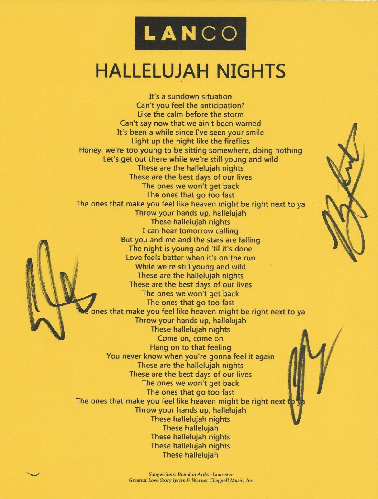 Lanco REAL SIGNED Hallelujah Nights Lyric Sheet #1 COA by Brandon Chandler Eric