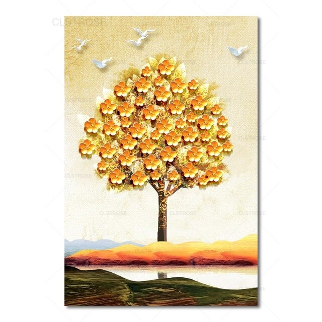Abstract Golden Luxury Rich Tree Landscape Elk Nordic Style Home Decor Wall Painting Frameless Waterproof Ink Printing Poster