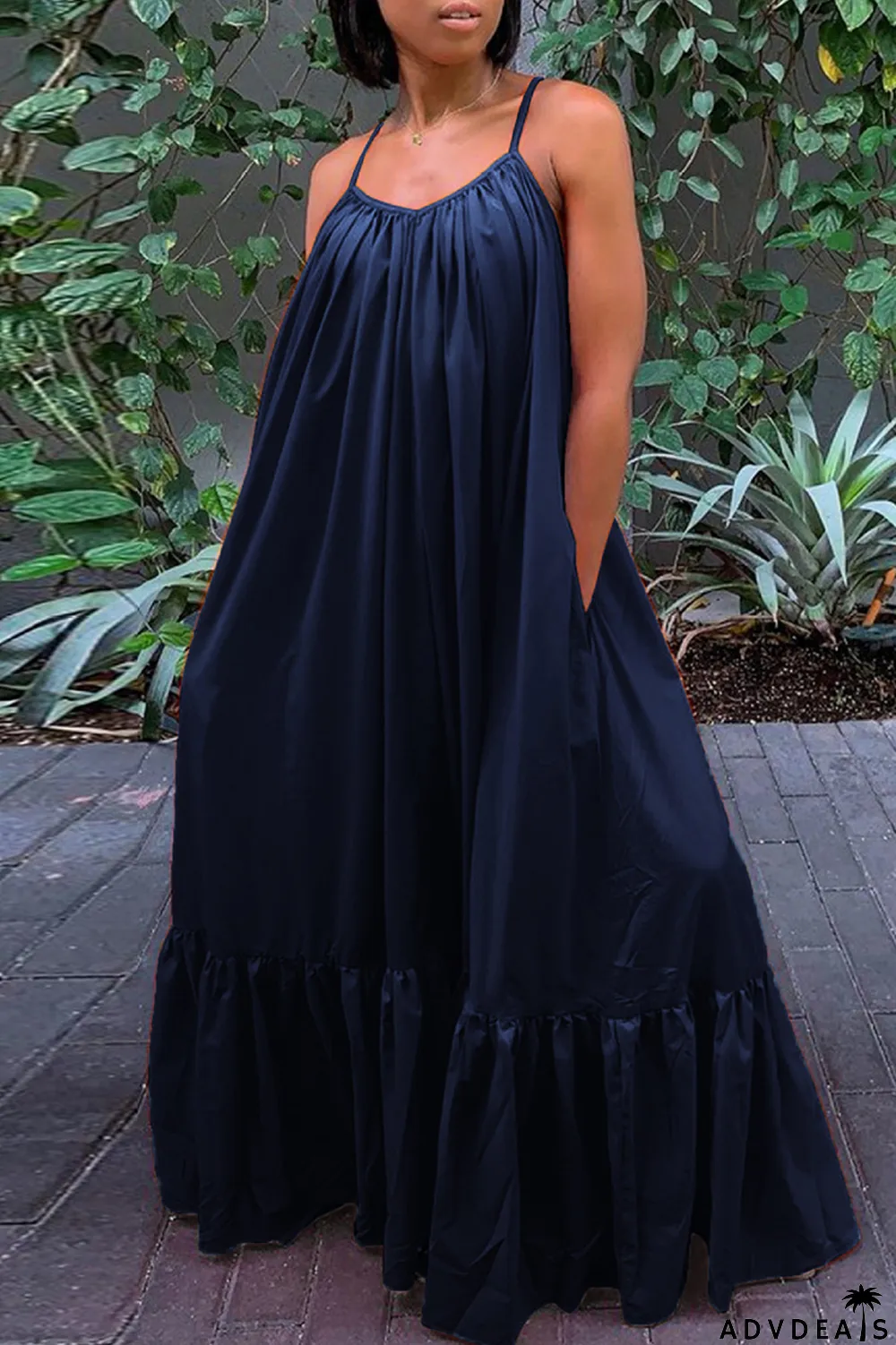 Dark Gray Sexy Casual Solid Backless Spaghetti Strap Loose Sling Dress