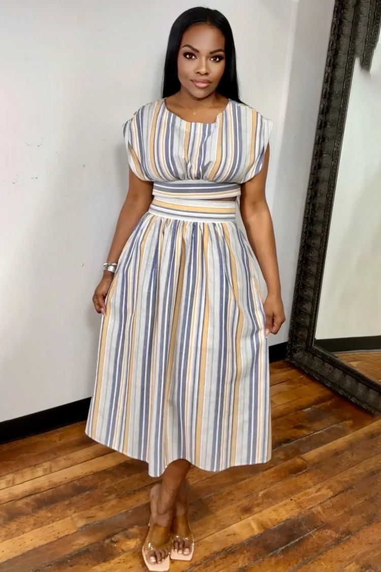 Striped Crew Neck Crop Top Midi Skirt Daily 2pcs Set-White [Pre Order]