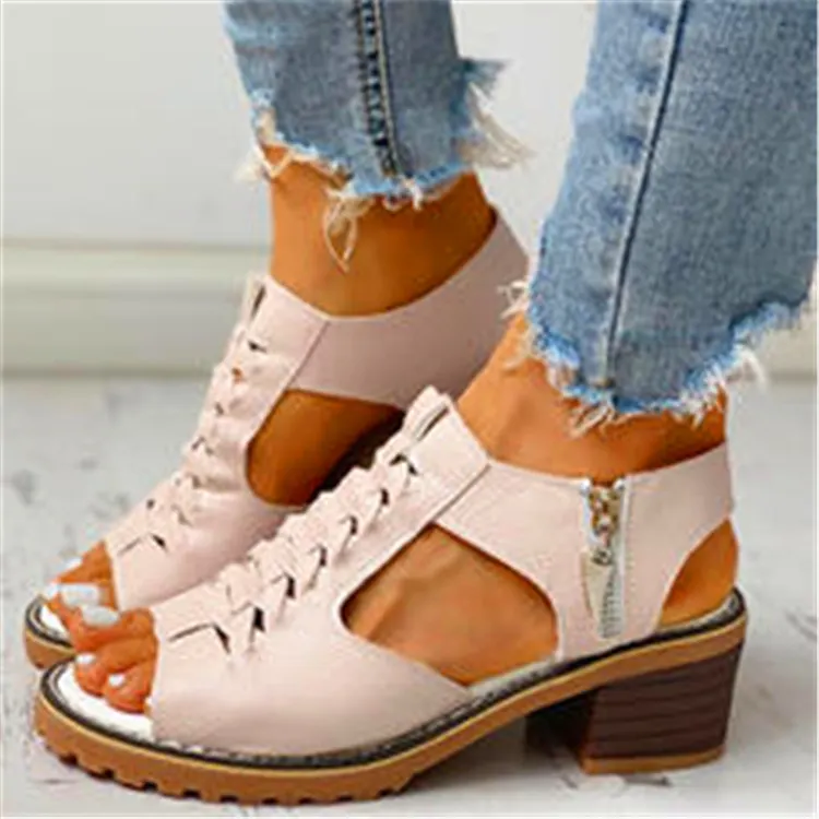 Breakj Breakj Summer New Women's Shoes Korean Version Of Coarse Sandals Side Zipper Leisure Slope And Solid Color Coarse Large-Size Sandals Women