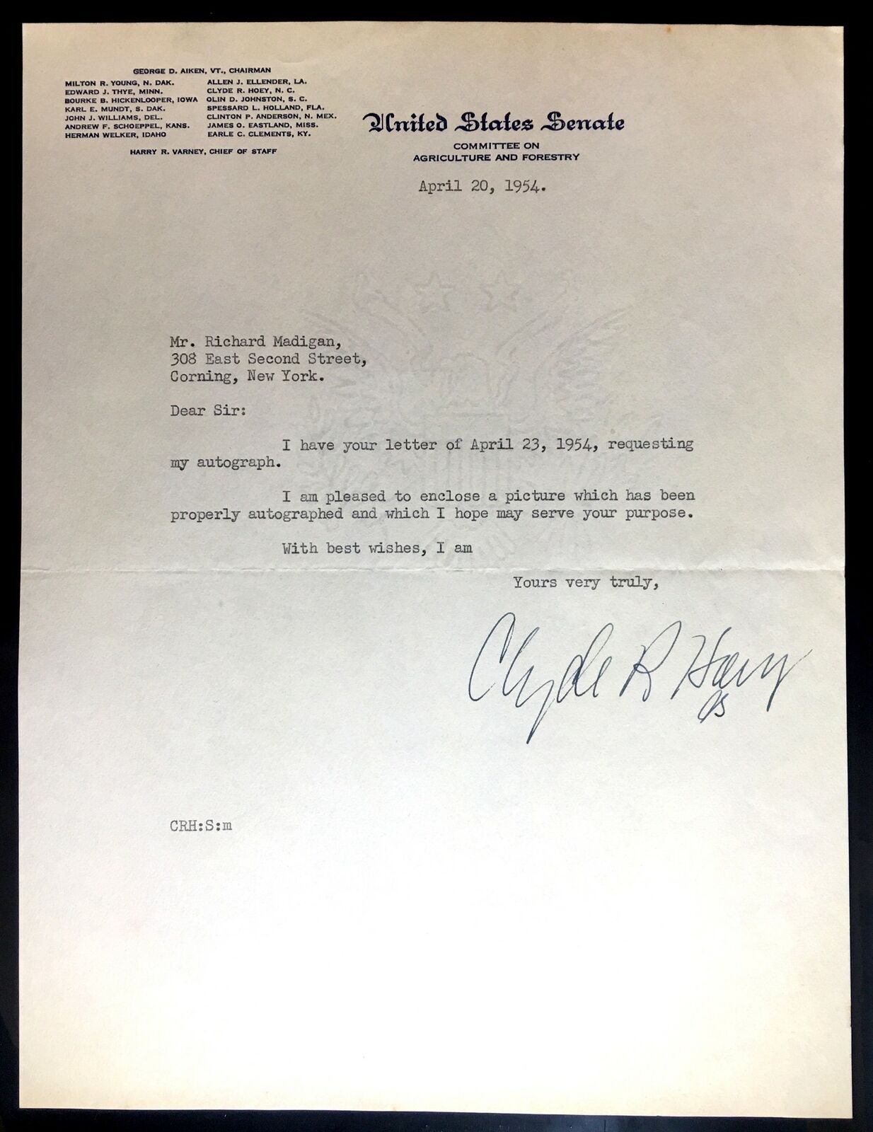 Clyde R. Hoey Signed Typed 8x10.5 Letter North Carolina Governor Autograph Auto