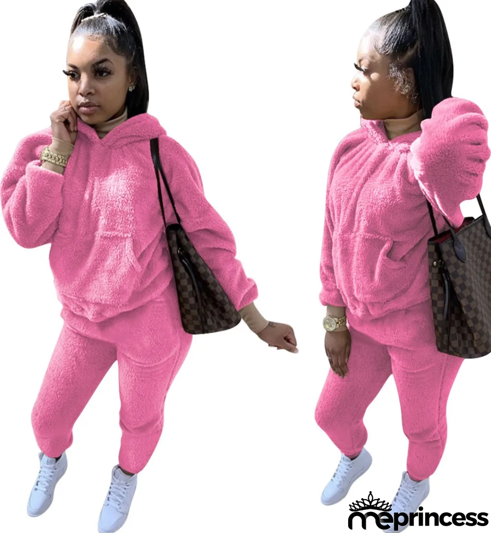 Winter Matching Two Piece Solid Color Plush Hoodie Sweatsuit