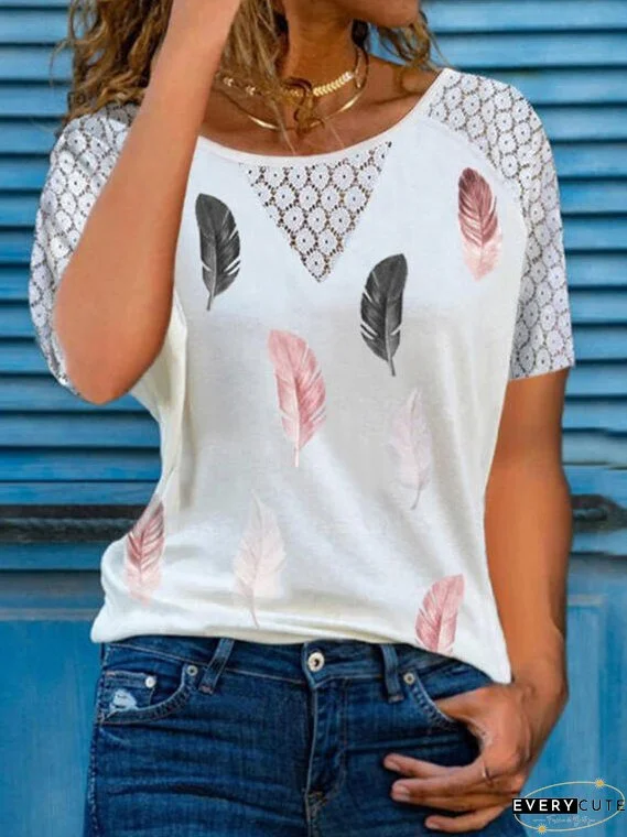 Chic Lace Hollow Feather Print Short Sleeve T-shirt for Women