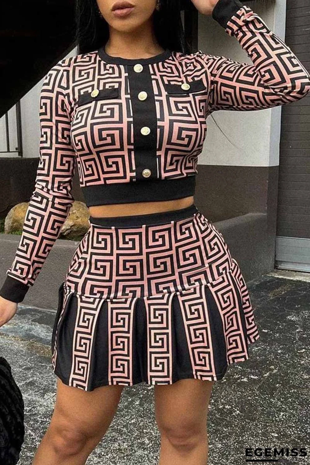 Coffee Casual Print Patchwork O Neck Long Sleeve Two Pieces | EGEMISS