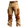 Men's Vintage Khaki Workwear Multi-Pocket Patchwork Suede Cargo Pants by Inlyline