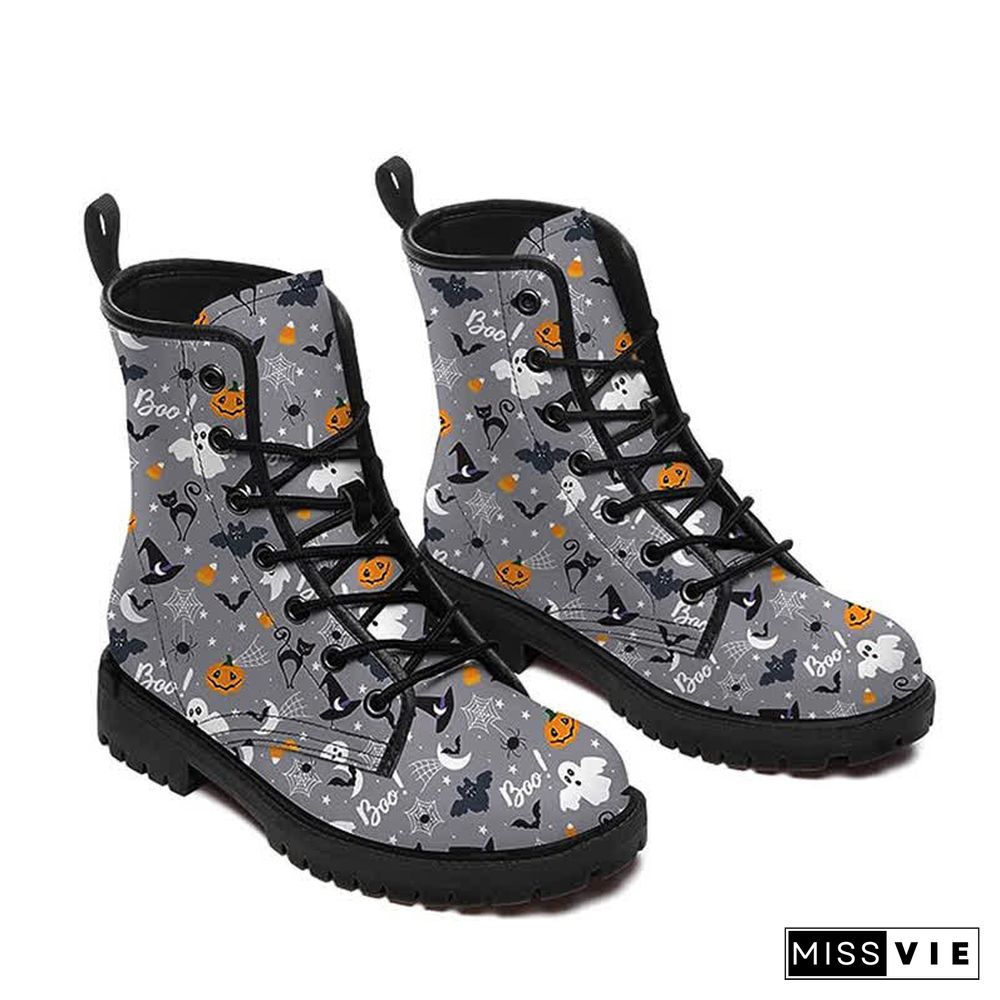 Halloween Dark Ghost Pumpkin Print Lace Up Boots