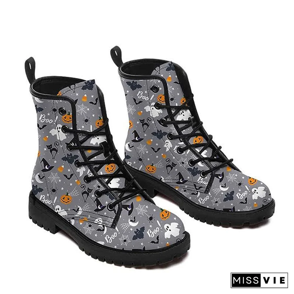 Halloween Dark Ghost Pumpkin Print Lace Up Boots