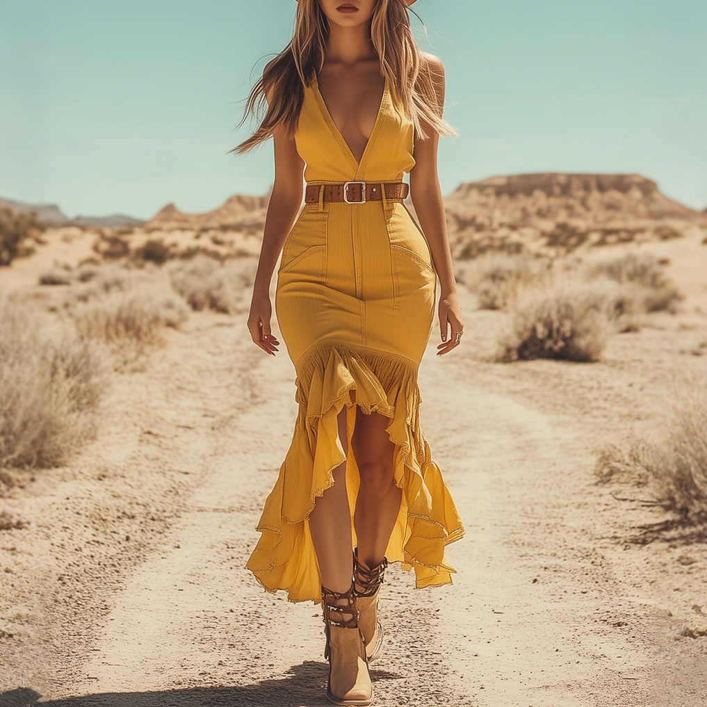 Retro Western Style Sleeveless Short Front Long Back Yellow Denim Midi Dress