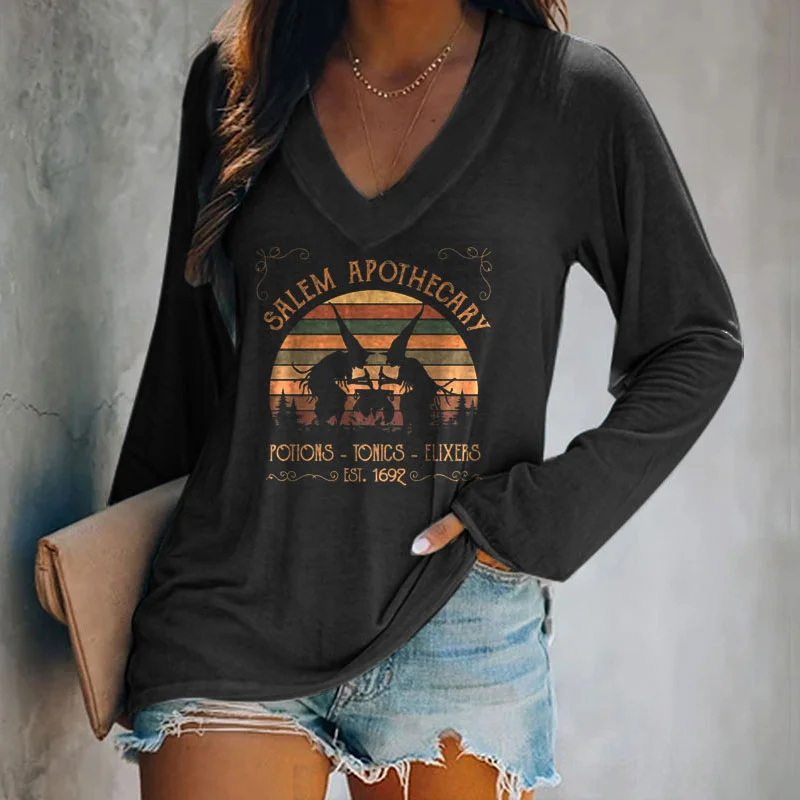 Salem Apothecary Potions Tonics Elixers & Witch Pattern Print T-shirt