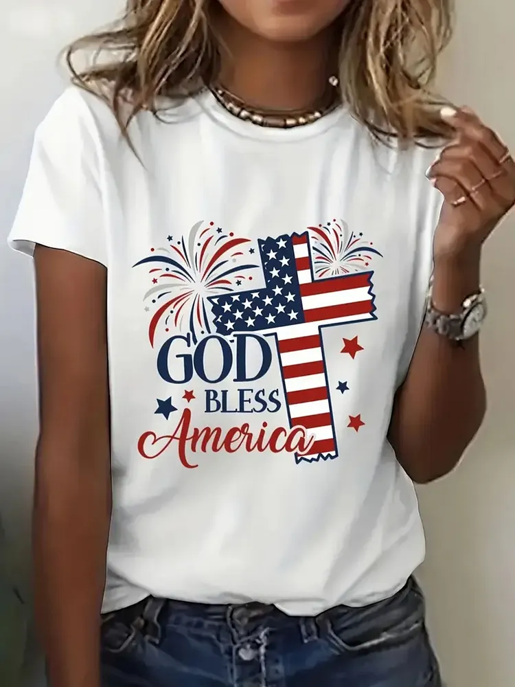 Womens Patriotic Graphic CrewneckT-shirt Red White Blue Fireworks Stars Design