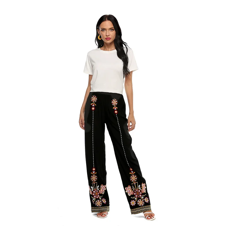 Women Pant Floral Embroidery Summer Casual Loose Elastic Waist Full Length Wide Leg Pants