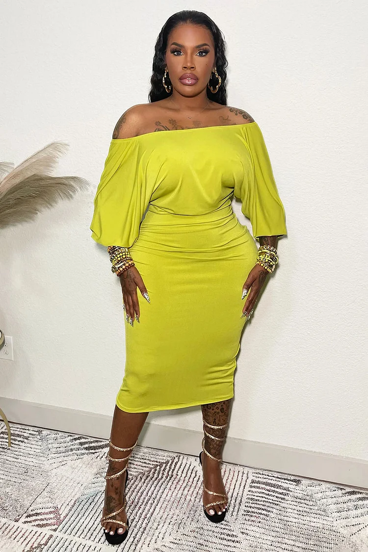 Off Shoulder 3/4 Bell Sleeve Slim-Fit Daily Midi Dresses-Yellow [Pre Order]
