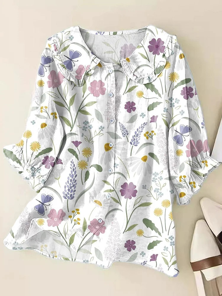 Women's  Fresh Floral Art Print Loose Top Peter Pan Collar Half Sleeve Blouses