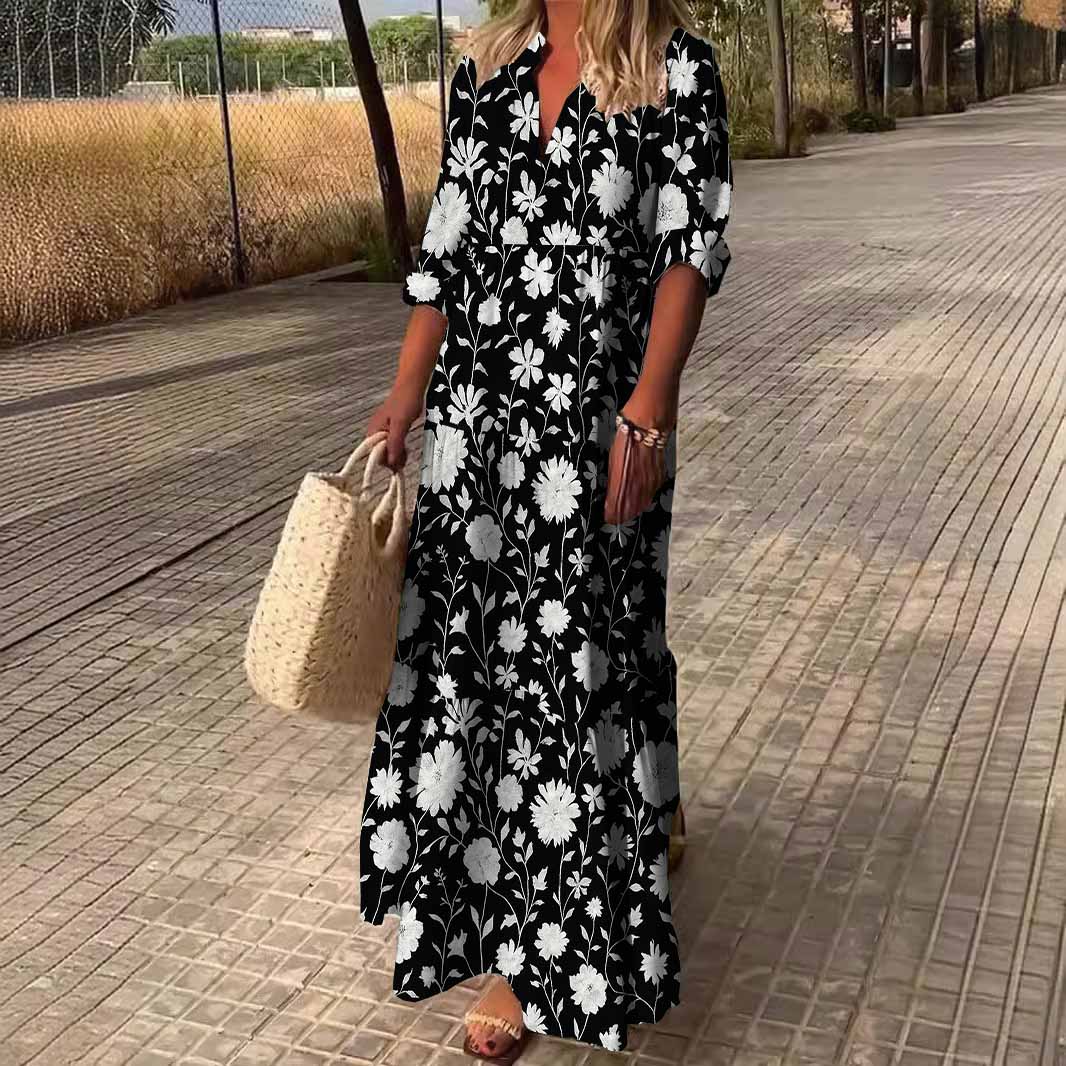 Women Floral, White, Black DZDN0936 SPU Printed Long Sleeve V-neck Maxi Dress