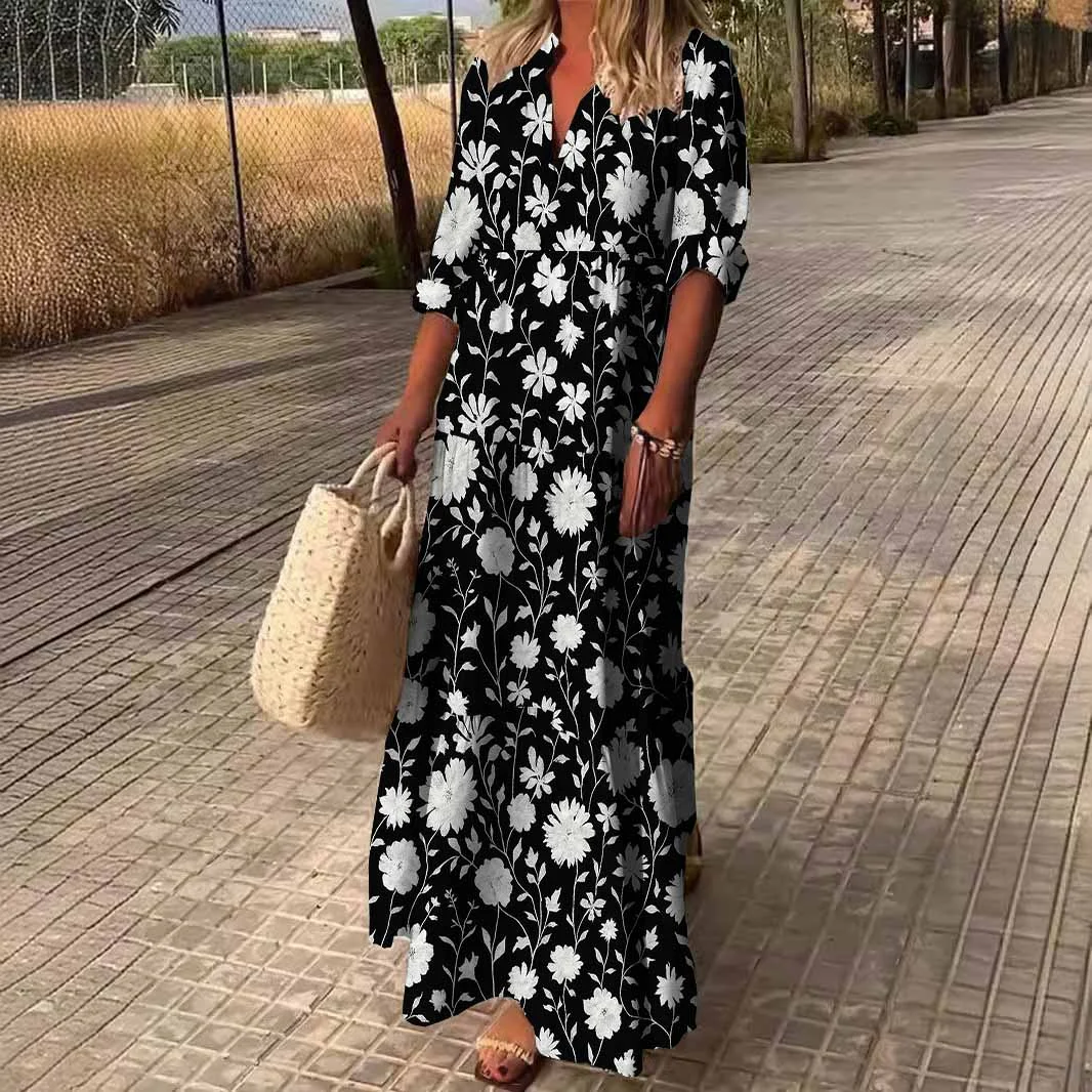Women Floral, White, Black DZDN0936 SPU Printed Long Sleeve V-neck Maxi Dress