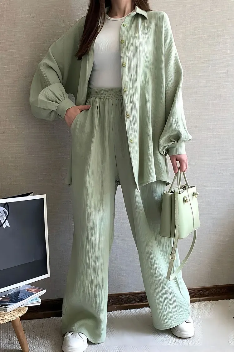 Turndown Collar Lantern Sleeve Shirt Wide Leg Pants Solid Color 2pcs Set