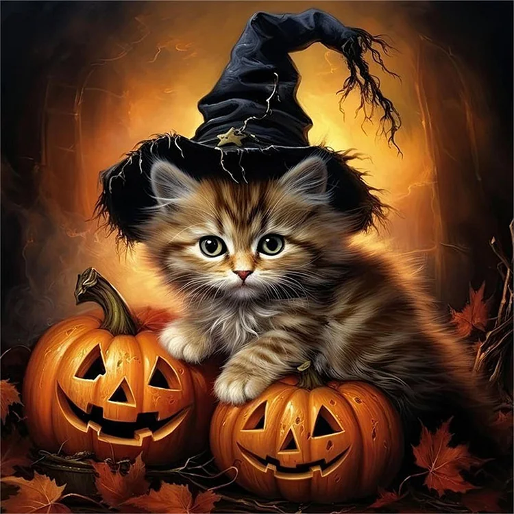 Full Round Diamond Painting - Halloween Kitten With Pumpkin 30*30CM