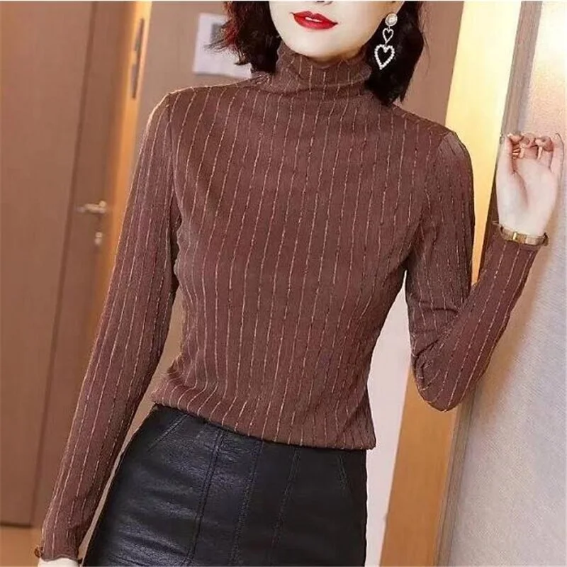 Fashion Women Tee Striped Elastic Top Semi-high Collar Ruffled Long-sleeved Bottoming Tshirt Autumn Pullover Thin Female T-shirt