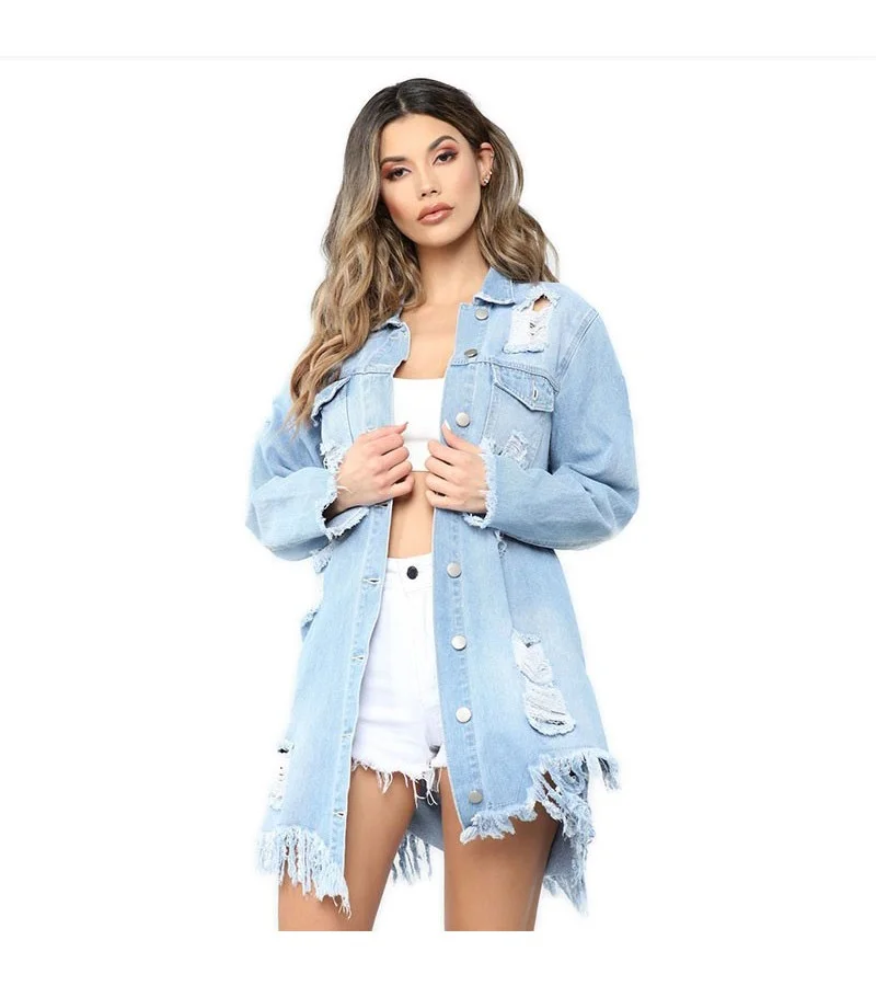 Casual Loose Pattern Backless Ripped Design Long Length Denim Coat