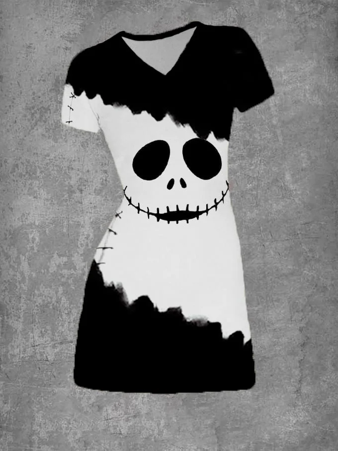 Women's Halloween Grimace Stitched Print V-Neck Dress