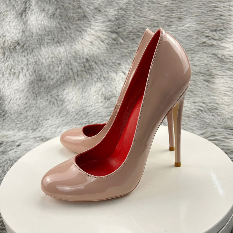 10cm 12cm Red Inside Women Round Toe High Heels Nude Black Patent Leather Stilettos Pumps