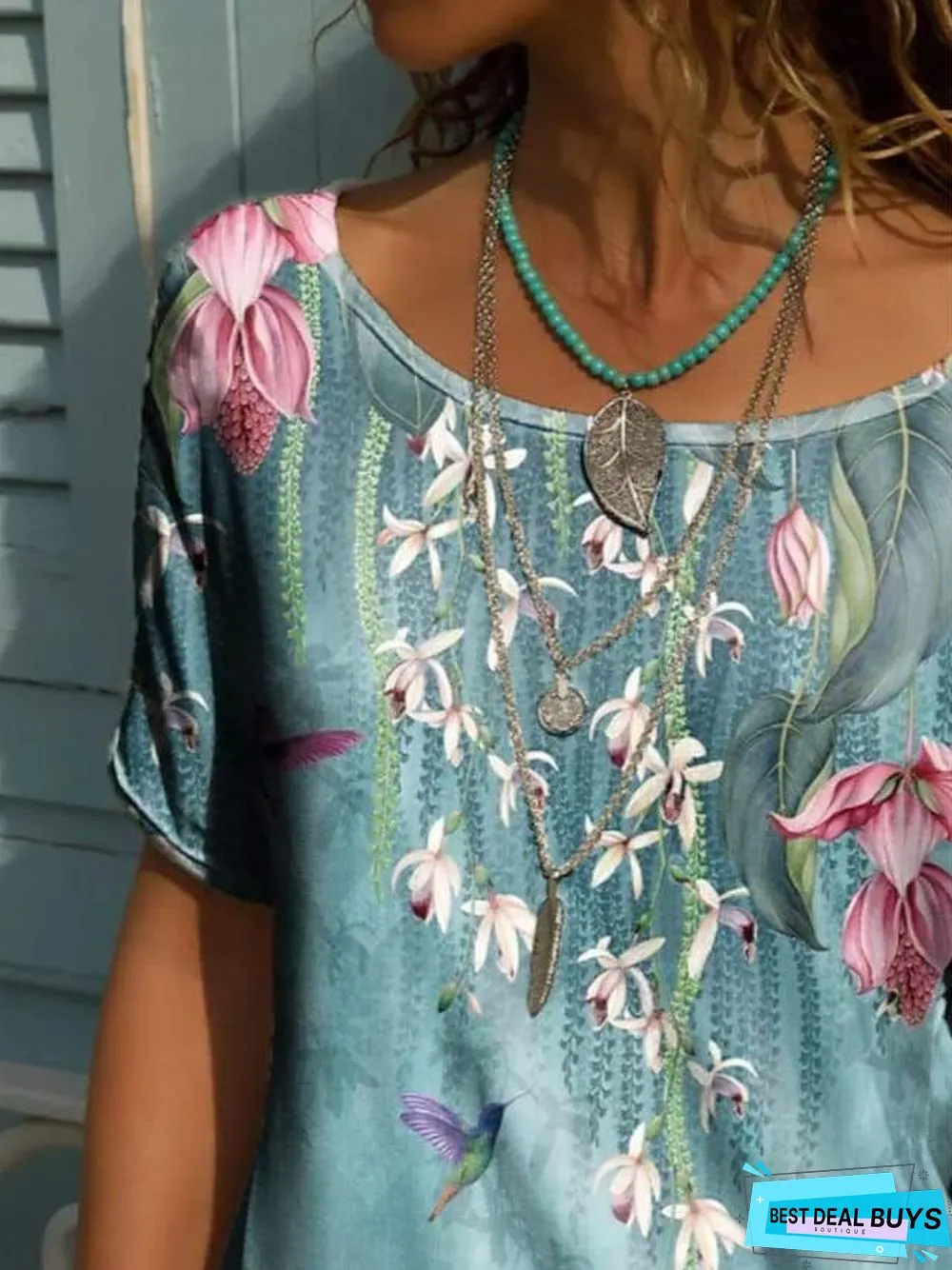 Women's Floral Theme T-Shirt Floral V Neck Tops Basic Top Blue