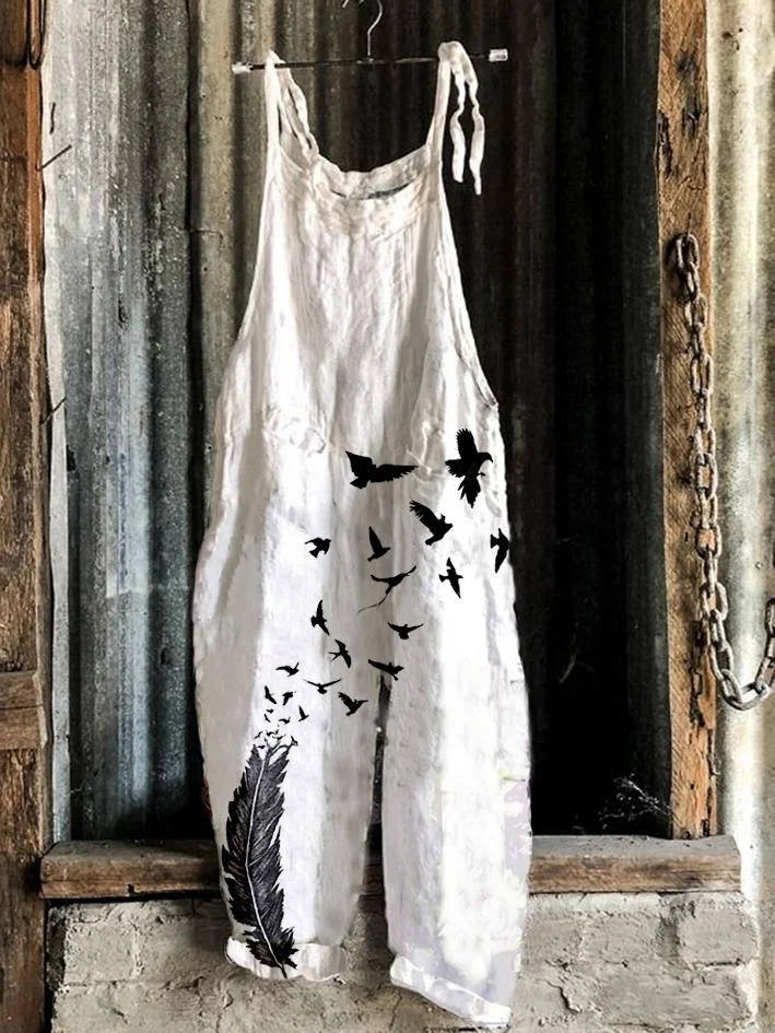 Retro casual feather print Jumpsuit