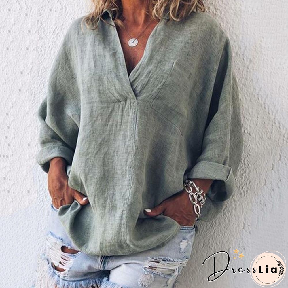 XS-8XL Autumn Tops Plus Size Fashion Clothes Women's Casual Long Sleeve Tee Shirts Deep V-neck Tunic Tops Ladies Blouses Pullover Loose T-shirts Solid Color Linen Blouses