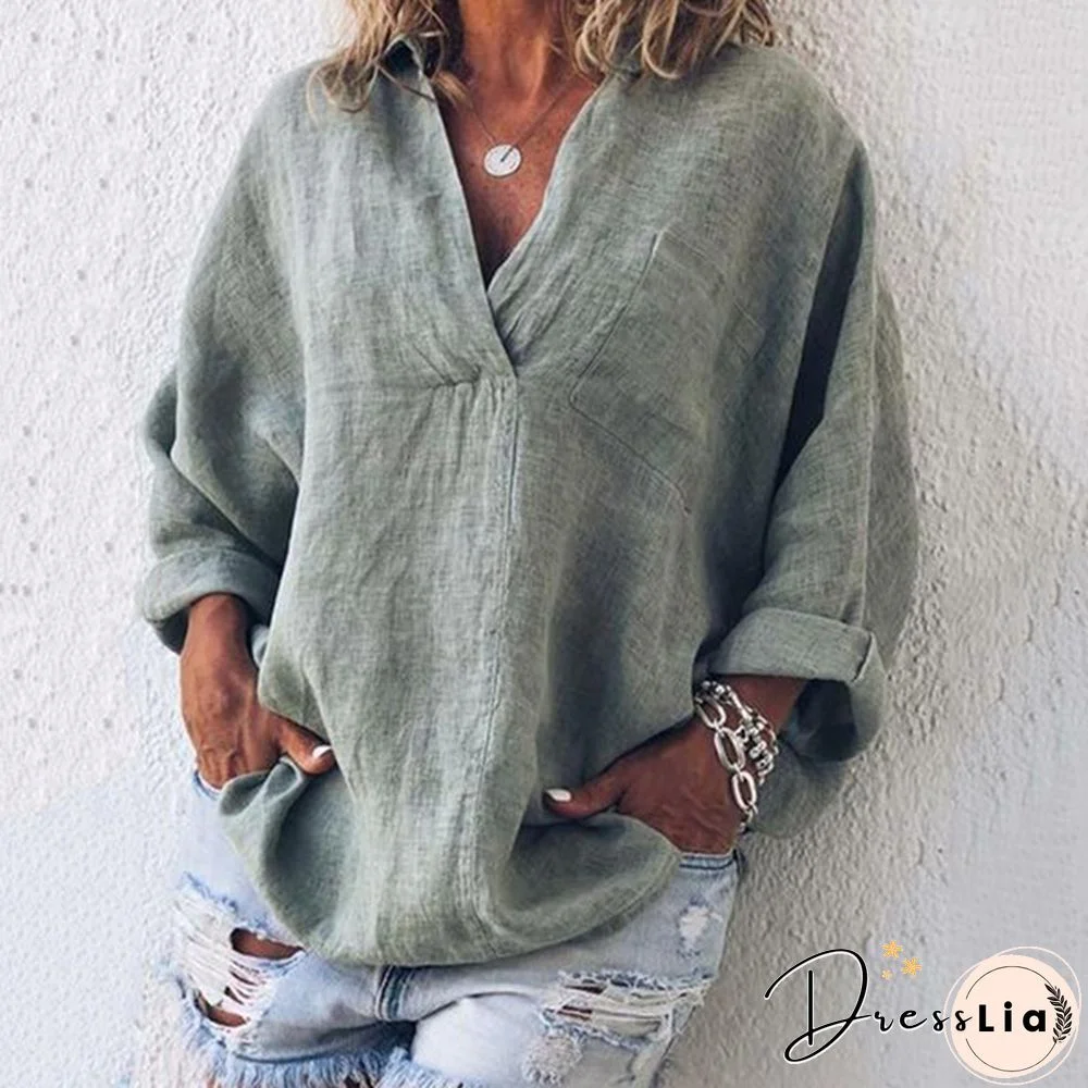 XS-8XL Autumn Tops Plus Size Fashion Clothes Women's Casual Long Sleeve Tee Shirts Deep V-neck Tunic Tops Ladies Blouses Pullover Loose T-shirts Solid Color Linen Blouses