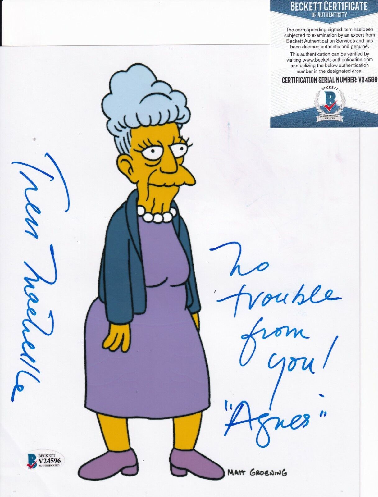 TRESS MACNEILLE signed (THE SIMPSONS) Agnes Skinner 8X10 Photo Poster painting BECKETT V24596