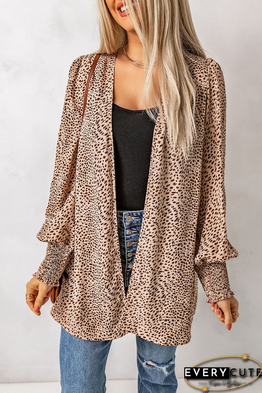 Apricot Animal Print Shirred Cuff Lantern Sleeve Cardigan