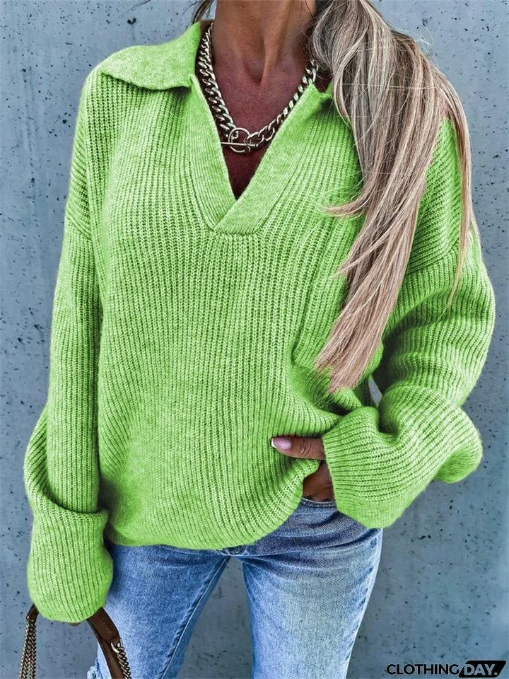 Lapel Solid Color Long Sleeve Knitted Sweaters