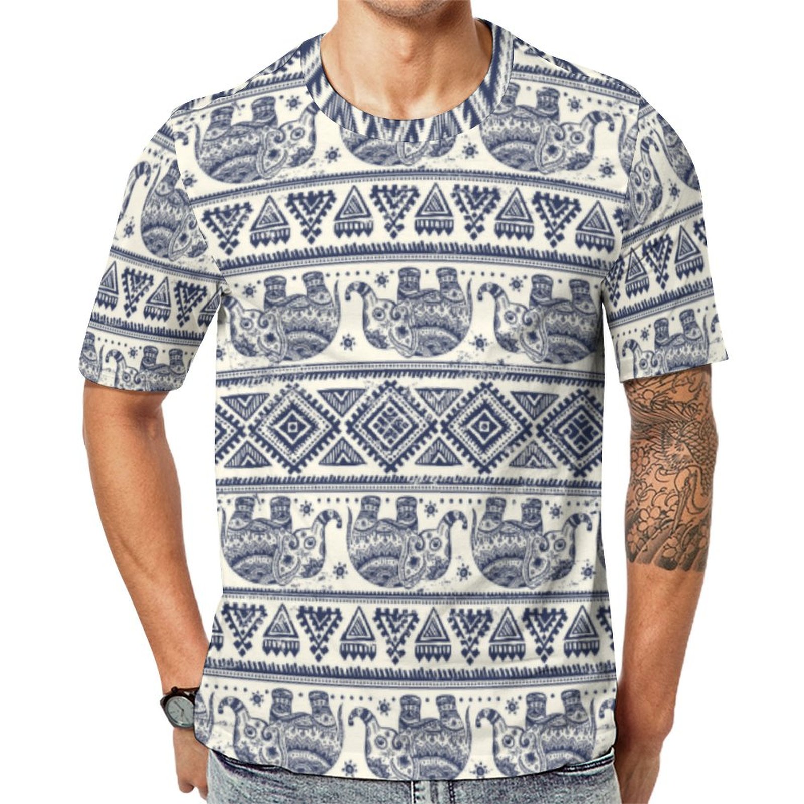 Blue Ethnic Elephant  Short Sleeve Print Unisex Tshirt Summer Casual Tees for Men and Women Coolcoshirts