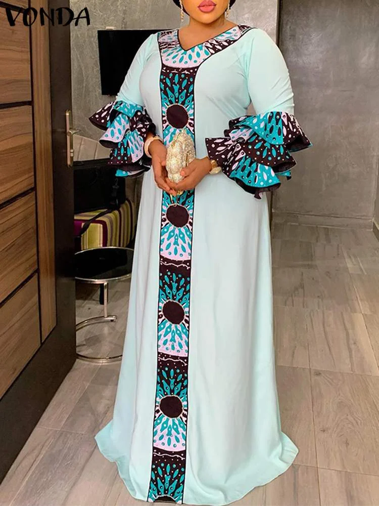 VONDA Summer Party Dress 2022 Women Sexy 3/4 Sleeve V-Neck Maxi Sundress Ruffled Bohemian Casual Printed Patchwork Beach Robe