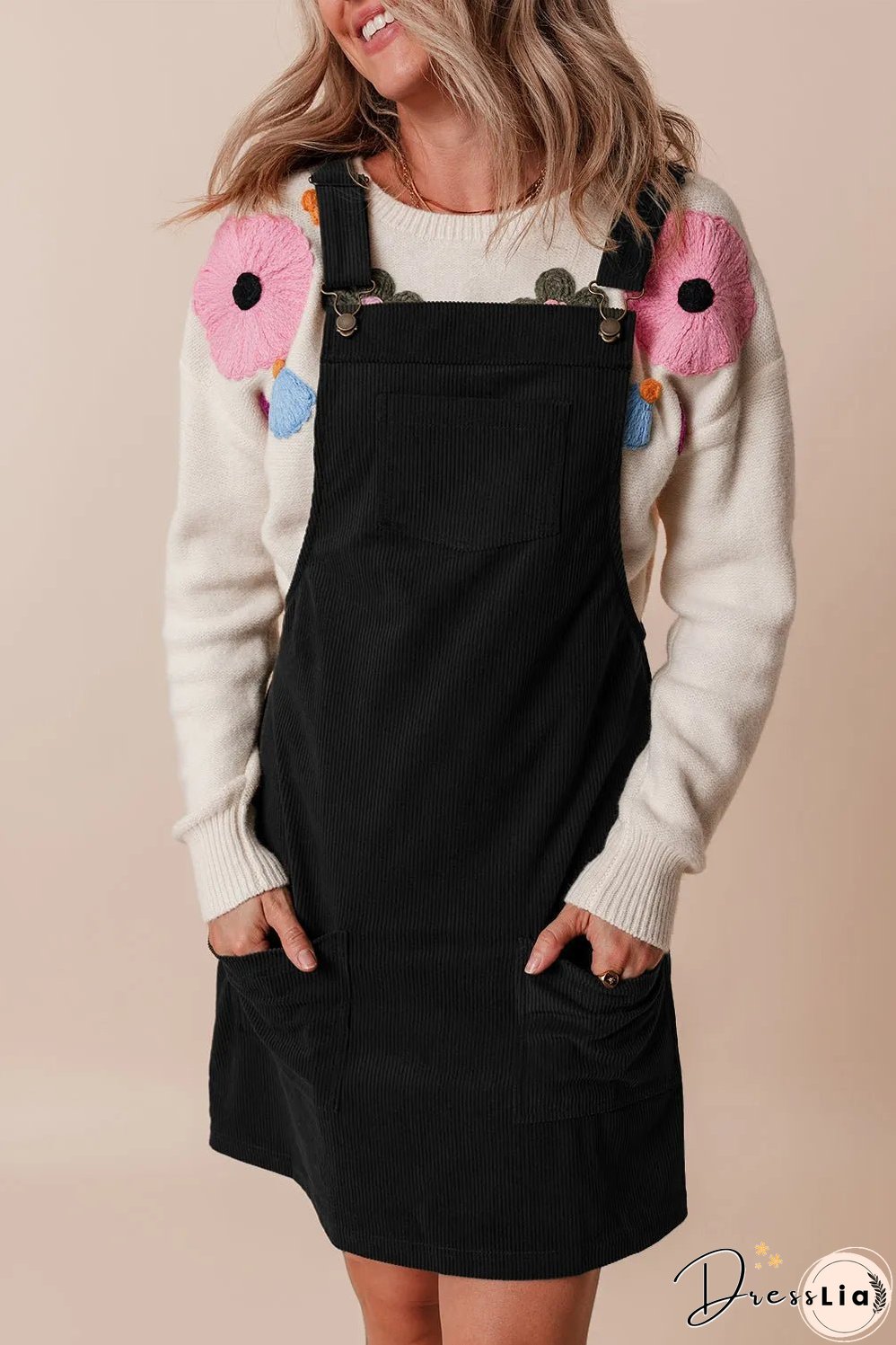 Black Solid Front Pockets Sleeveless Corduroy Overall Dress